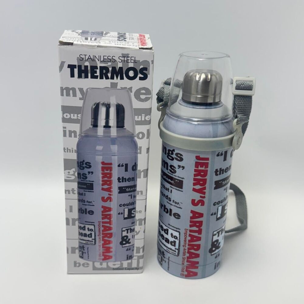 Vintage Jerry's Artarama Promotional Stainless Steel Vacuum Thermos Flask